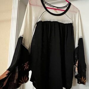 We The Free Black and Cream Blouse with Floral Sleeves